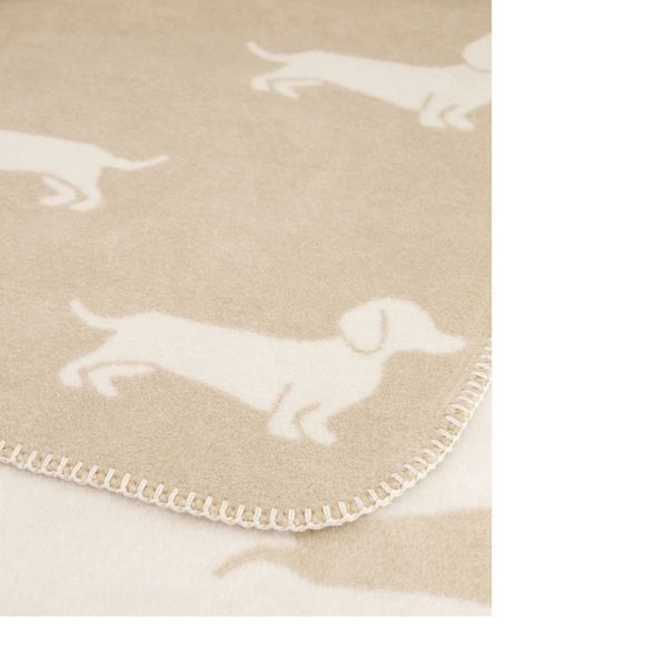 Pledd med hundemotiv, We love dogs pledd fra Caw&oslash;, beige